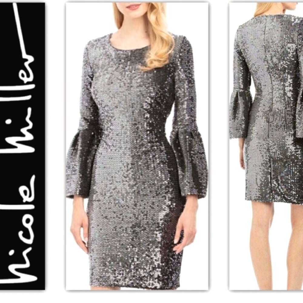 Nwt Nicole Miller NY Deep Gun Metal Silve Sequin Bell Ruffle Sleeve Velv…